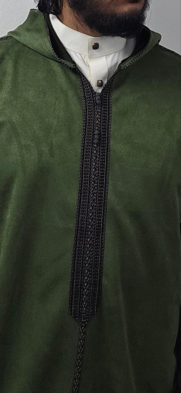 Verdant Olive Green Suede Winter Jallaba