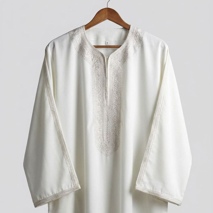 White long-sleeve shirt on a wooden hanger against a light gray background