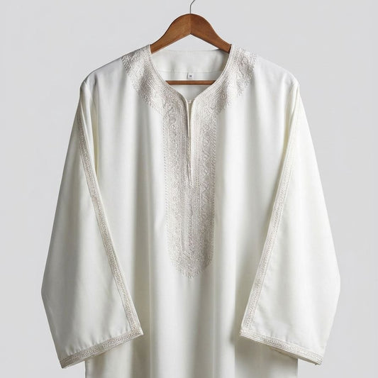 White long-sleeve shirt on a wooden hanger against a light gray background
