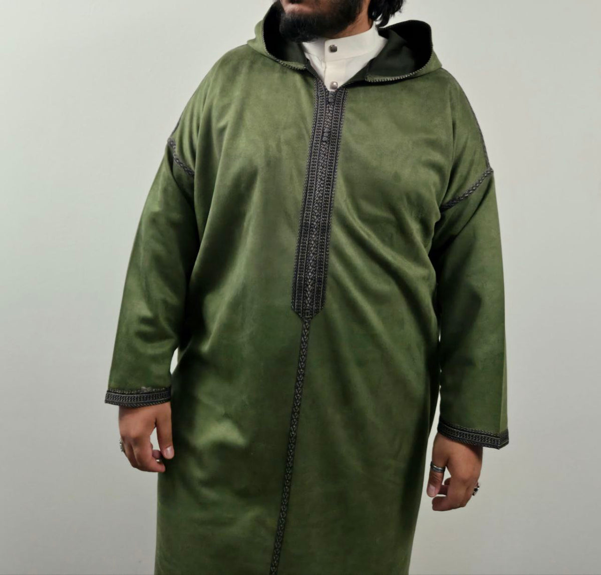 Verdant Olive Green Suede Winter Jallaba