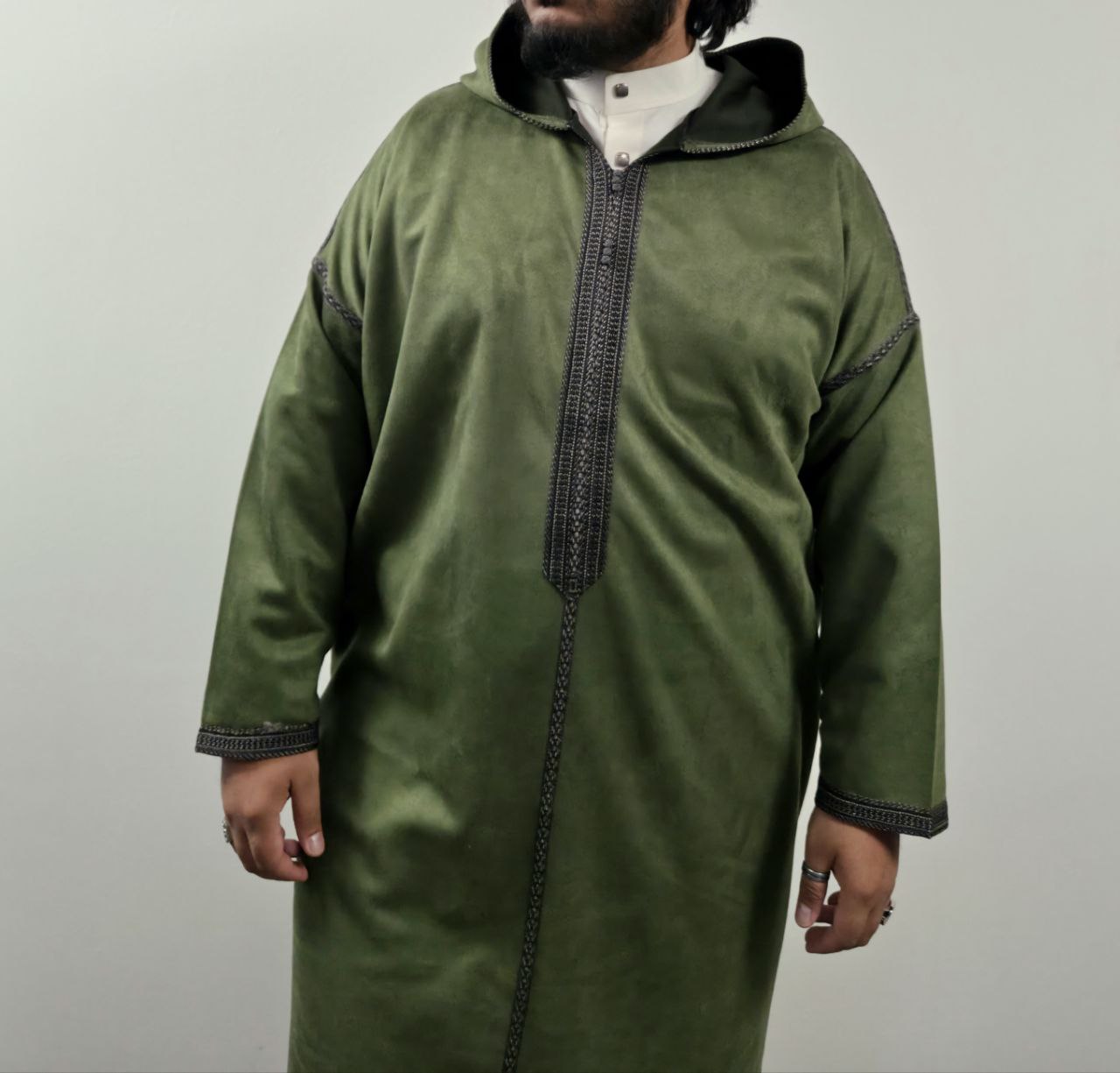 Verdant Olive Green Suede Winter Jallaba