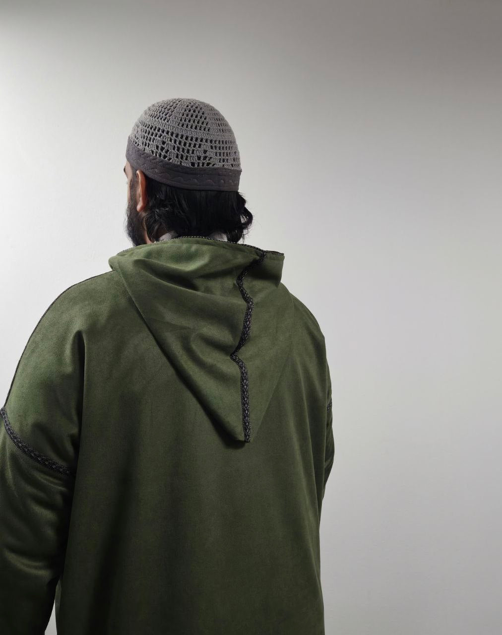 Verdant Olive Green Suede Winter Jallaba